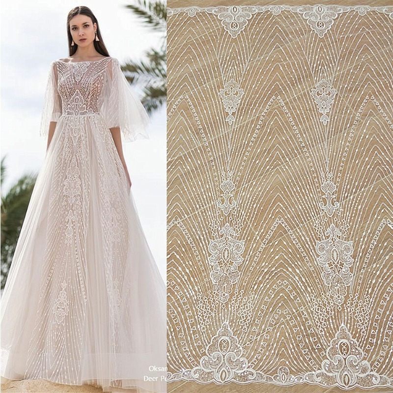 Wedding Dress Supply - New Striped Lace Embroidery Sequin Mesh